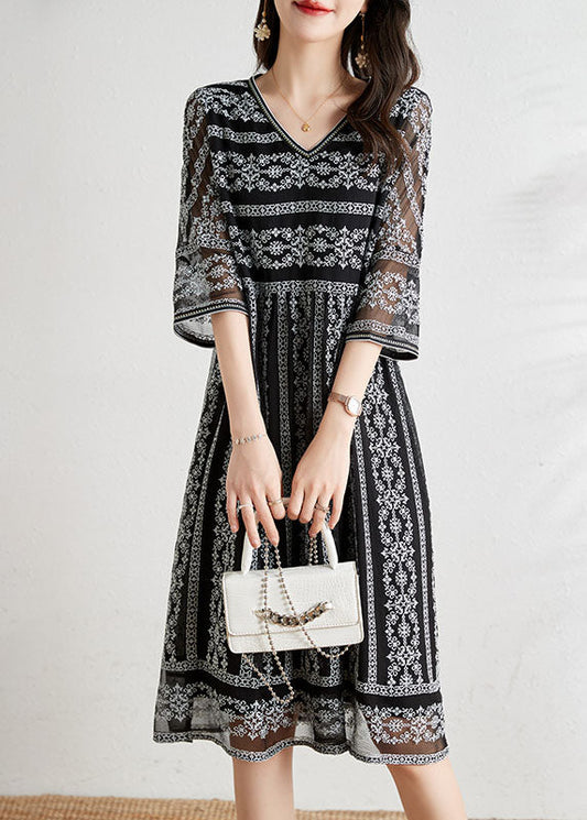 Black O-neck Draping Embroideried Silk Dresses Summer