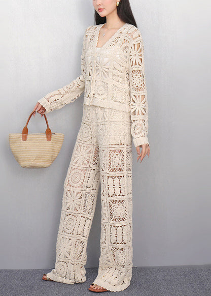 Art Beige Hollow Out Cardigan and Pants Knit Two Pieces Set Summer