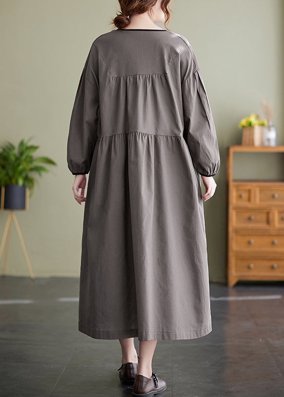 Italian Grey O-neck Button Cinched Long Dress Long Sleeve
