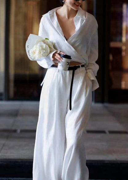 Natural White Peter Pan Collar High Waist Linen Shirts and Pants Two Pieces Set Long Sleeve