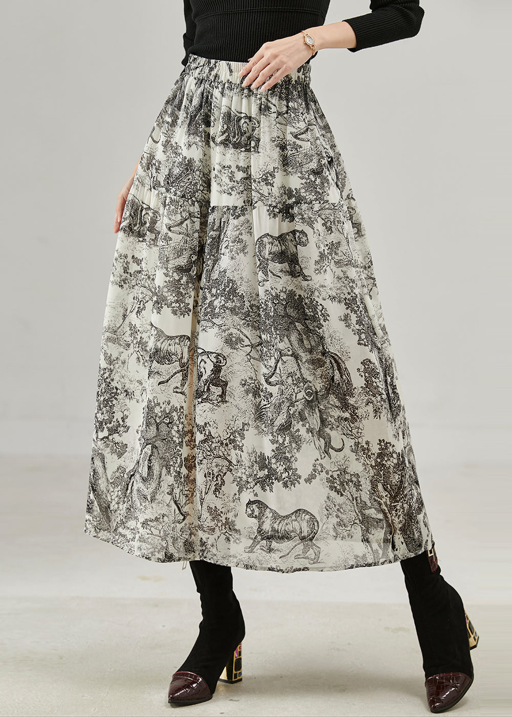 Black Print Cotton a Line Skirts Spring