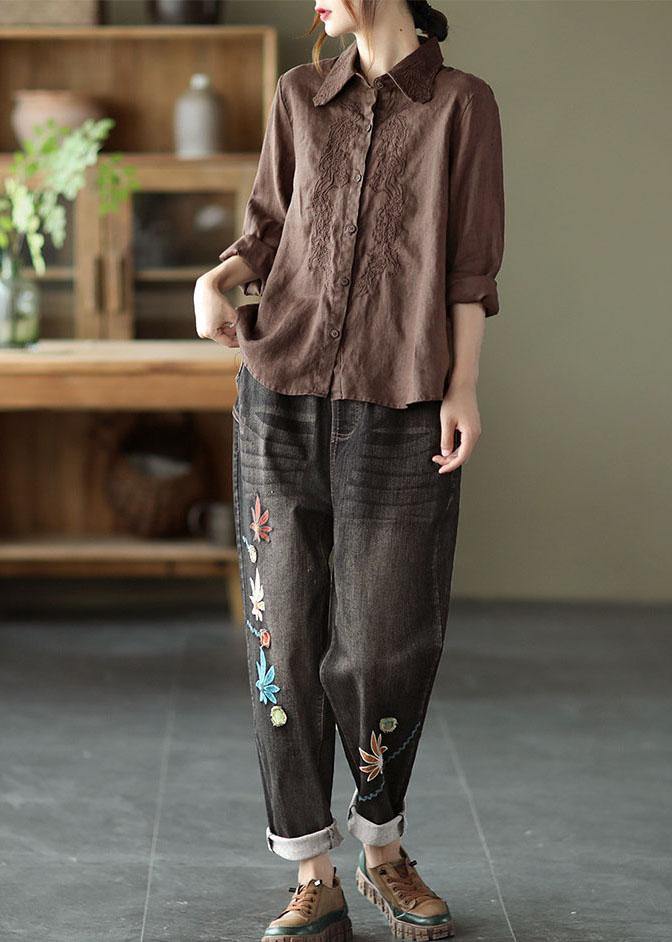 Organic White Loose Embroideried Fall Linen Long Sleeve Blouse Tops