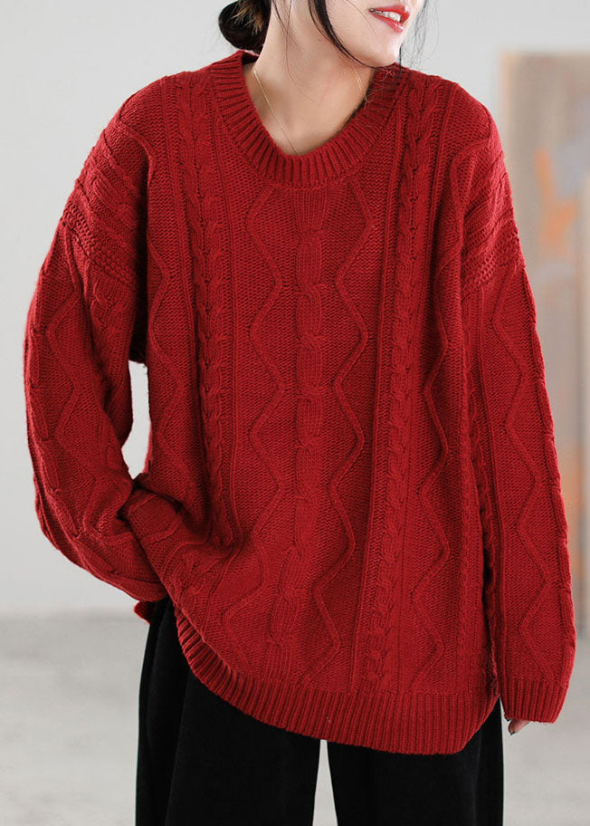 French Red O-neck Side Open Knit Sweater Tops Spring
