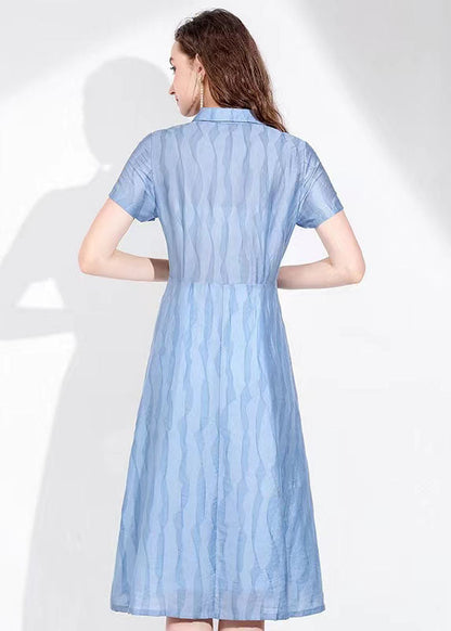 Orange Stand Collar Button Wave Print Silk Holiday Cinch Dress Short Sleeve