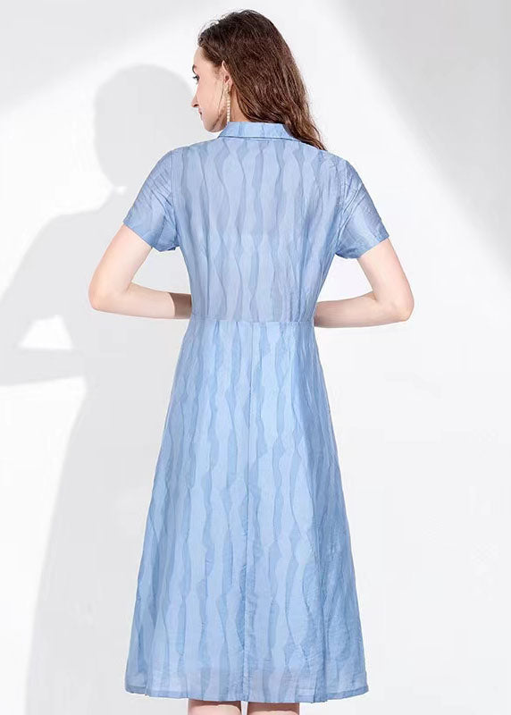 Orange Stand Collar Button Wave Print Silk Holiday Cinch Dress Short Sleeve