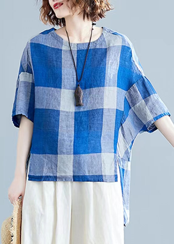 Blue Low High Design O-neck Plaid Linen Top Long Sleeve