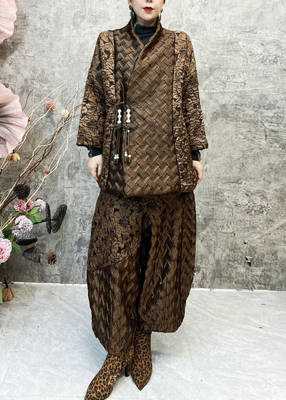 Jacquard Coffee Patchwork Coats and Lantern Pants Cotton Filled Two Pieces Set Spring