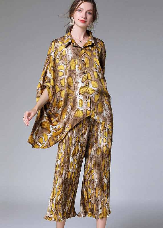 Unique Yellow Print Batwing Sleeve Asymmetrical Design Top Wide Leg Two Pieces Set