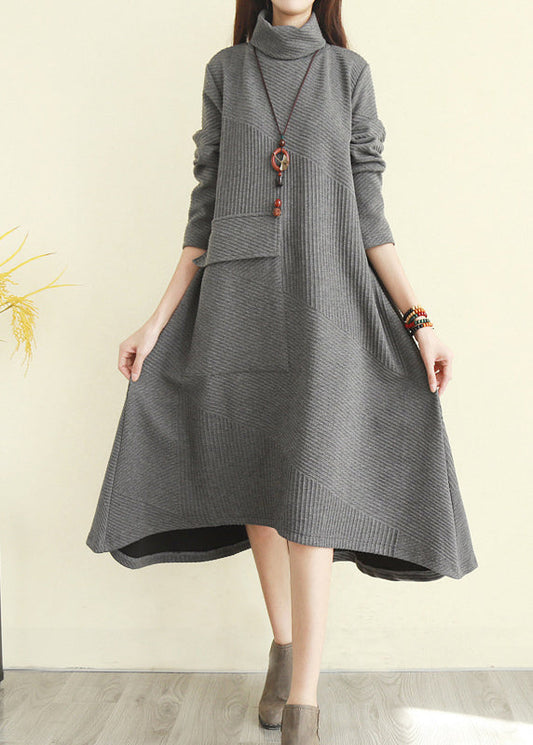 Grey Turtle Neck Pocket Knit Dress Long Sleeve