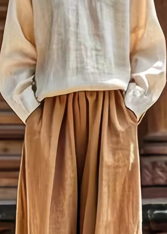Khaki Pockets Tie Waist Wide Leg Pants Summer