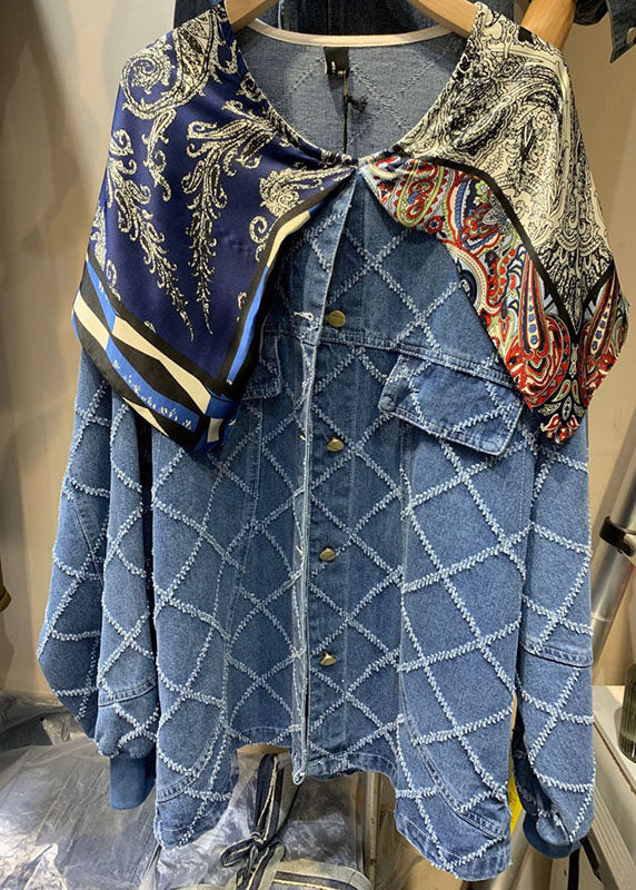 Simple Blue Button Patchwork Print Fall Coats Long Sleeve
