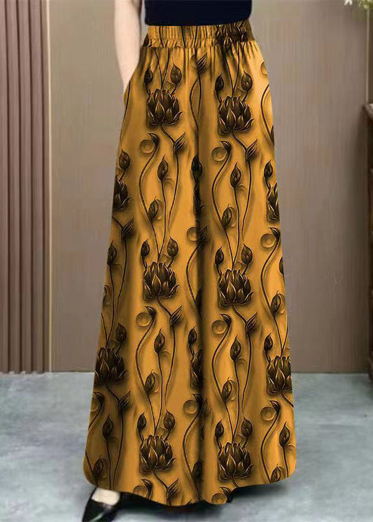 Loose Yellow Print Elastic Waist Ice Silk Pants Spring