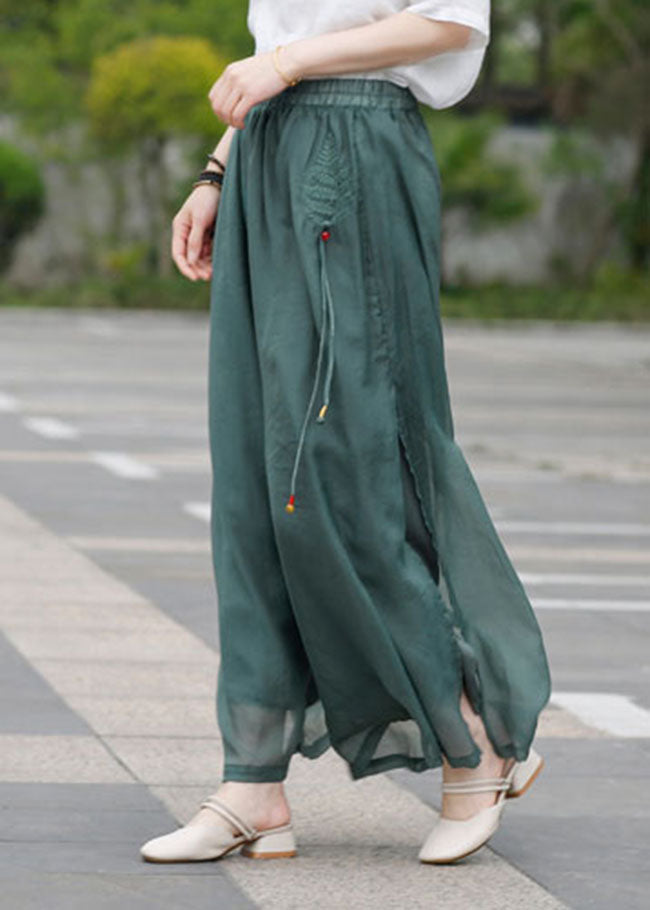Army Green Linen Pants Side Open Drawstring Spring