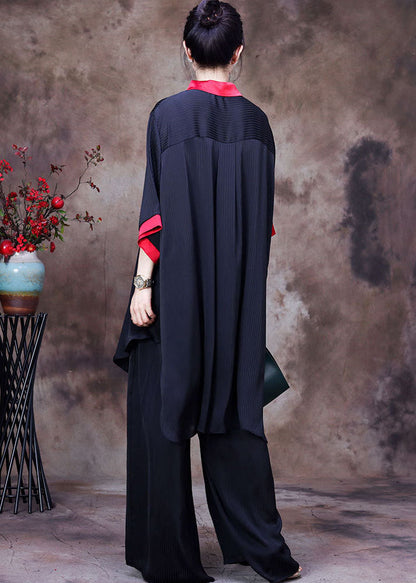 Boutique Black Colorblock Peter Pan Collar Print Chiffon Long Shirt Ang Wide Leg Pant Two Pieces Set Summer