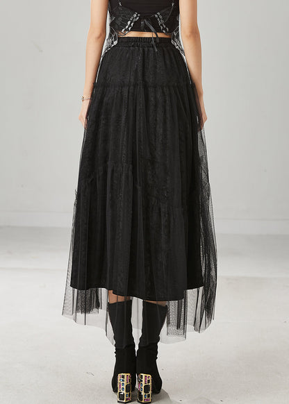 Italian Black Elastic Waist Tulle a Line Skirt Spring