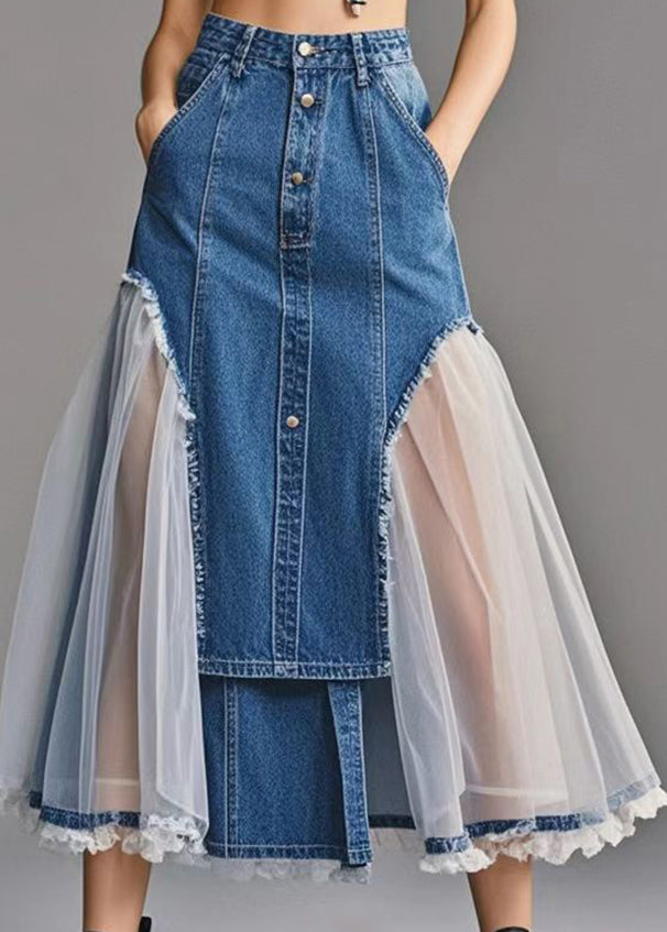 Art Blue Silm Fit Patchwork Tulle Denim a Line Skirt Spring