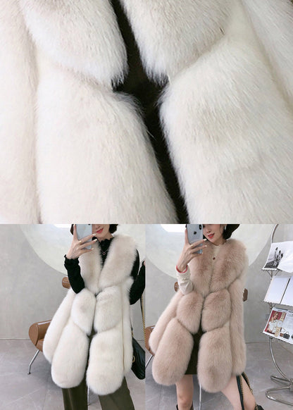 Simple White V Neck Thick Leather and Fur Waistcoat Winter