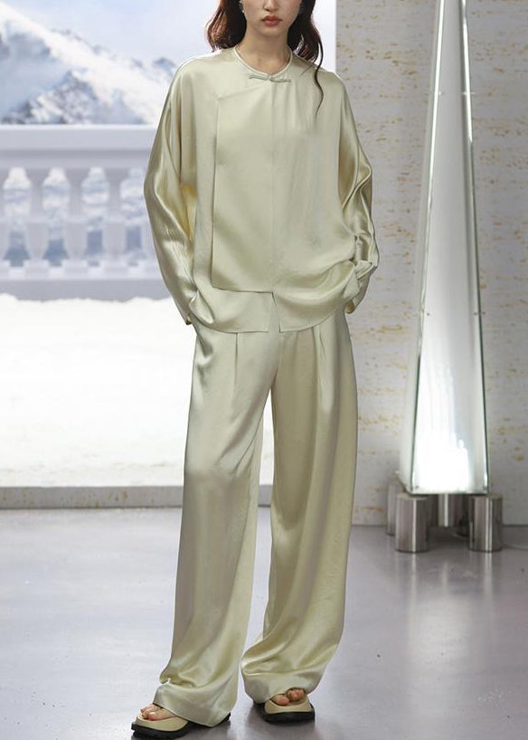 New Light Green O-neck Button Silk Pajamas Two-piece Set Long Sleeve