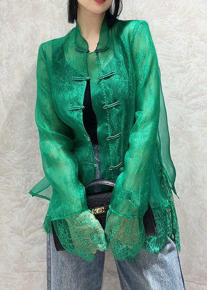 Italian Black Button Lace Patchwork Tulle Shirts Long Sleeve