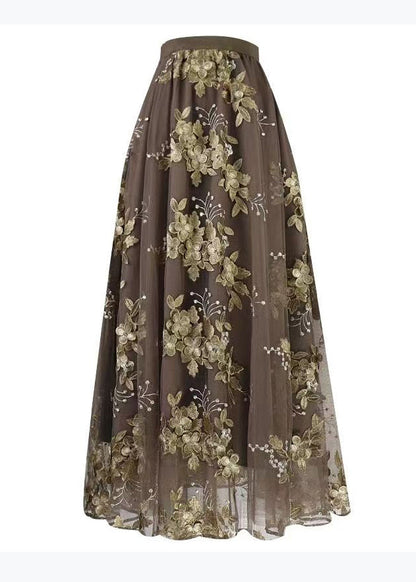 Coffee Embroidered High Waist Tulle Skirts Spring