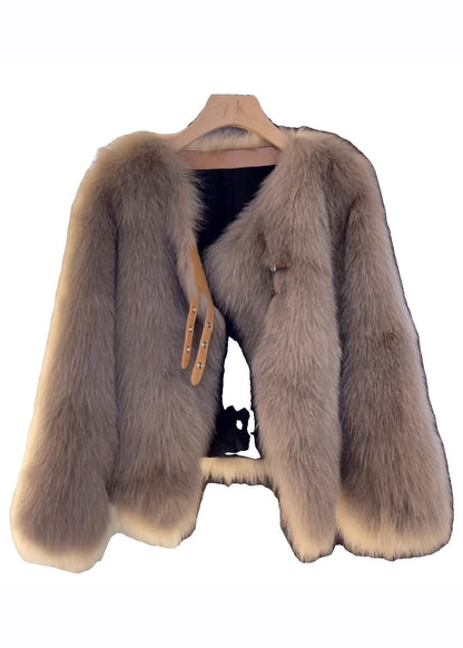 Vogue Brown V Neck Leather and Fur Coats Fall