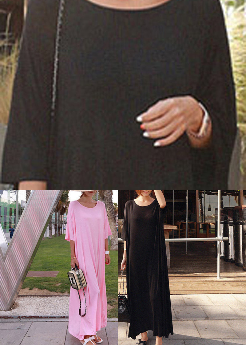 Loose Pink O-neck Cotton Long Dress Short Sleeve