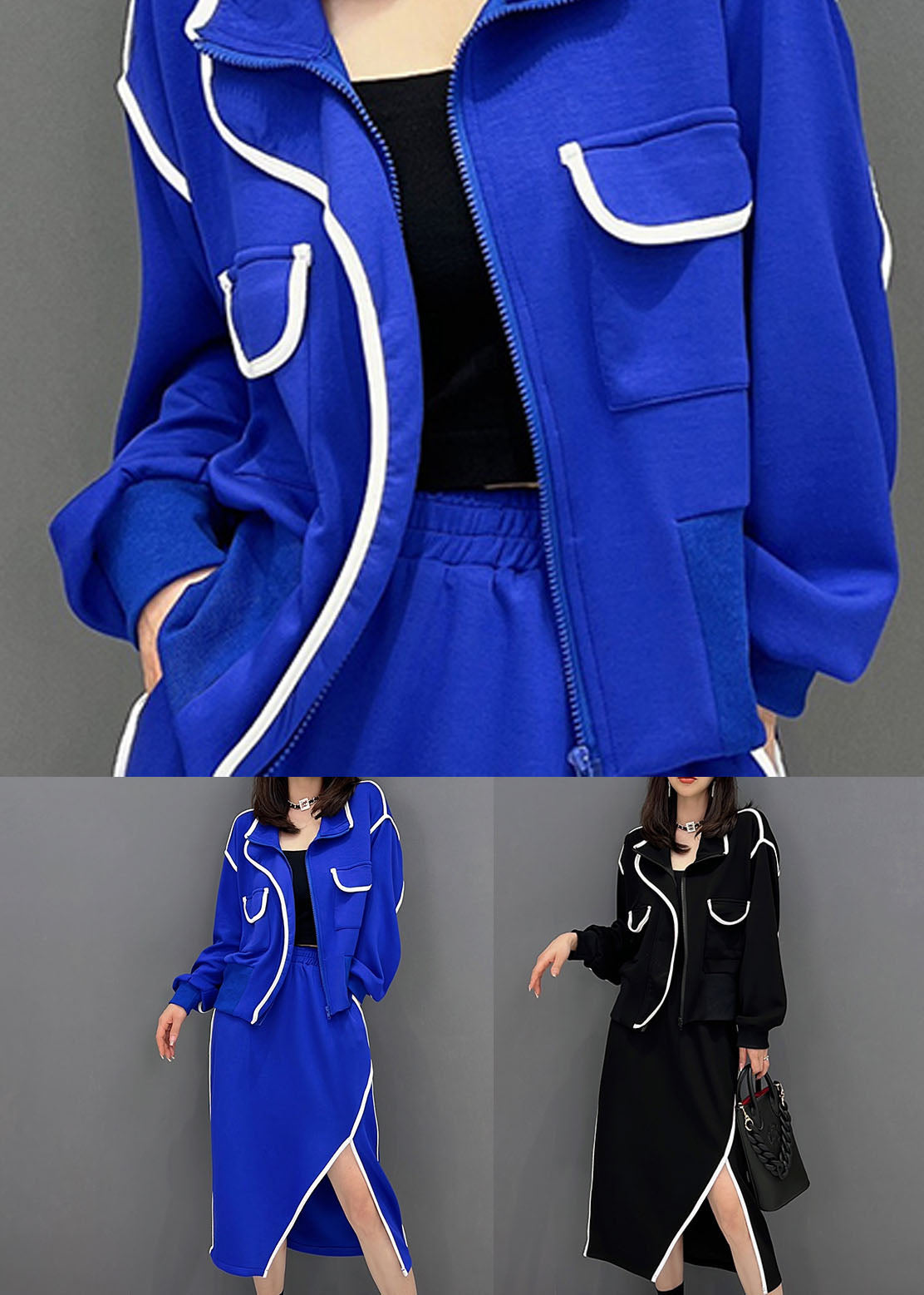 Classy Black Zip Up Side Open Cotton Two-piece Set Fall