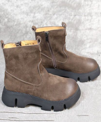 Khaki Boots Platform Zippered Cowhide Leather Boots