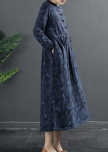 Diy Blue Print Dresses Stand Collar a Line Dress