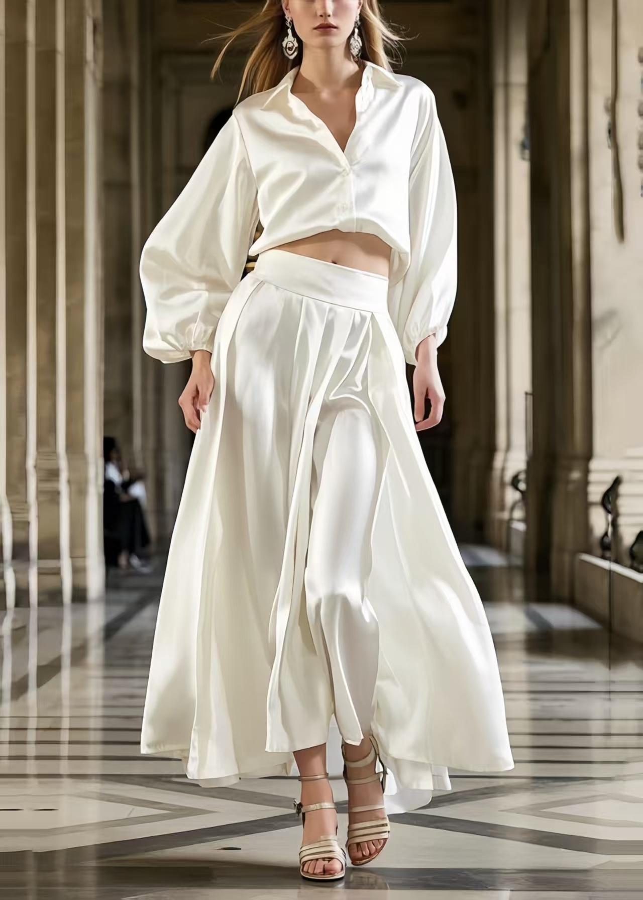 French Milk White Draping Fine Silk Two Piece Set Clothing Spring