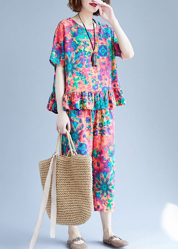 Red Patchwork Ruffles Cotton Two Piece Set Clothing Pockets Spring