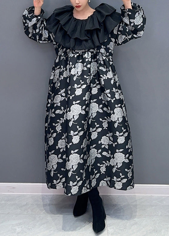 Black Ruffled Print Patchwork Cotton Long Dress Fall