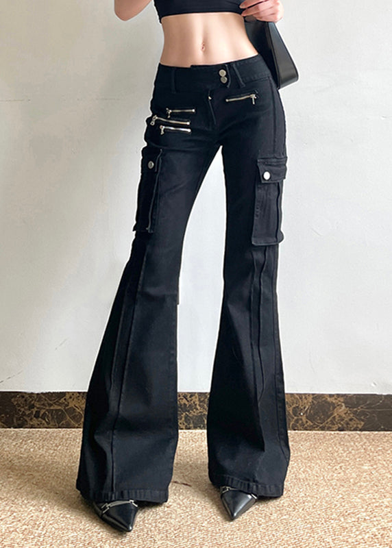 Black Zippered Pockets Patchwork High Waist Denim Flared Trousers