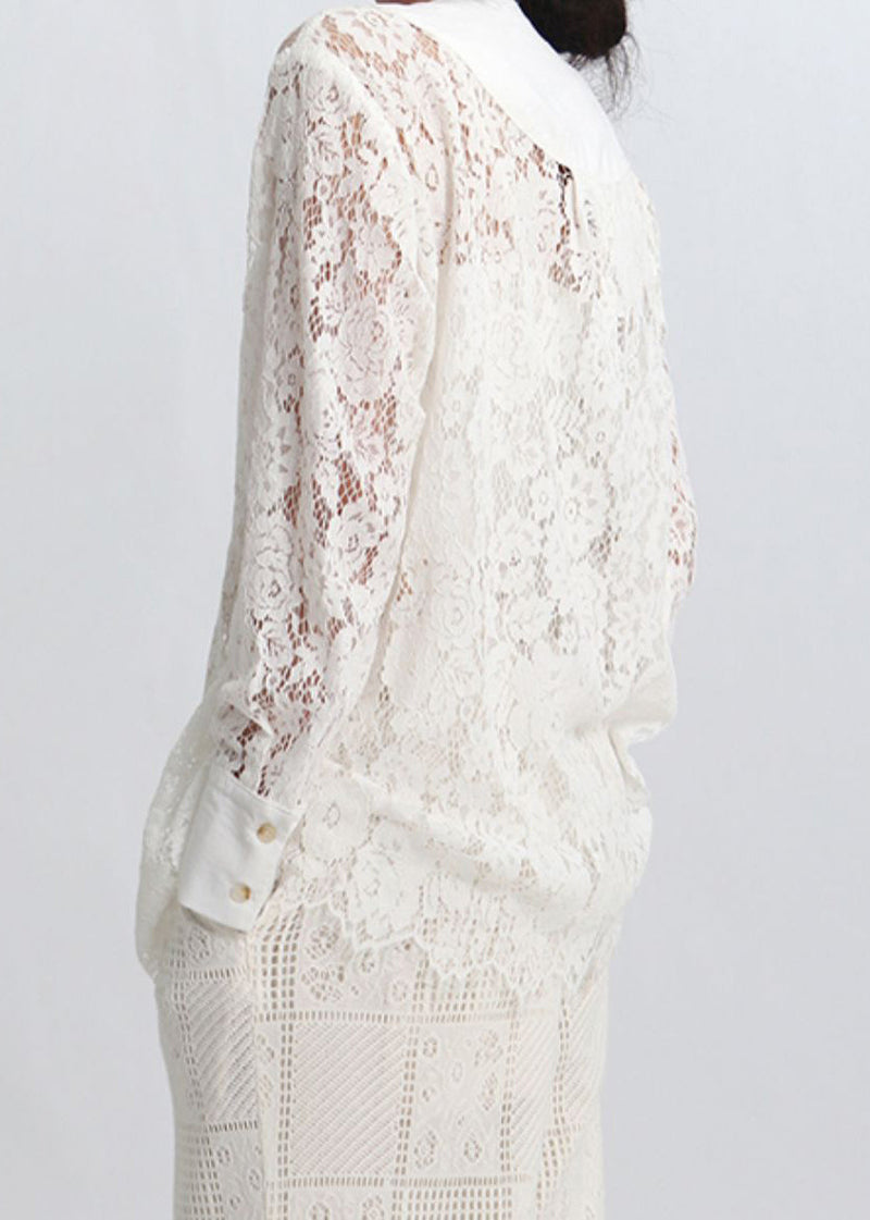 White Button Hollow Out Lace Blouses Spring