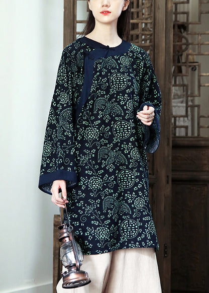 Navy Print Button Patchwork Cotton Mid Dress Fall