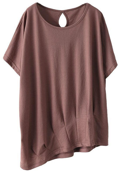 Brick Red Asymmetrical Design O-neck Patchwork Summer Cotton Shirts