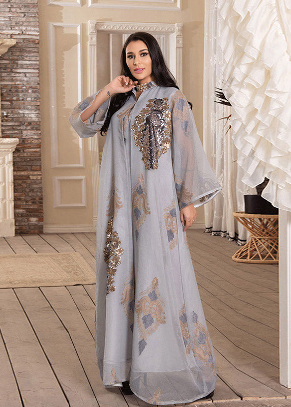 White Stand Collar Embroideried Sequins Tulle Maxi Dresses Long Sleeve Spring