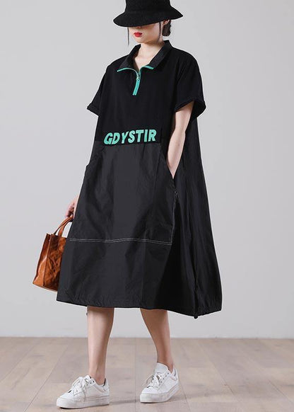 Handmade Black Graphic Zippered Holiday Summer Cotton Dress