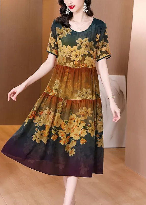 Khaki O-neck Patchwork Print Silk Long Dress Summer