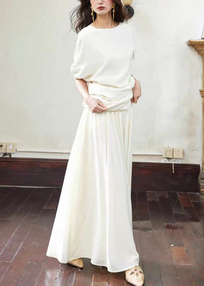 White Asymmetrical Wrinkled T Shirts and Skirts Cotton Two Piece Set Summer