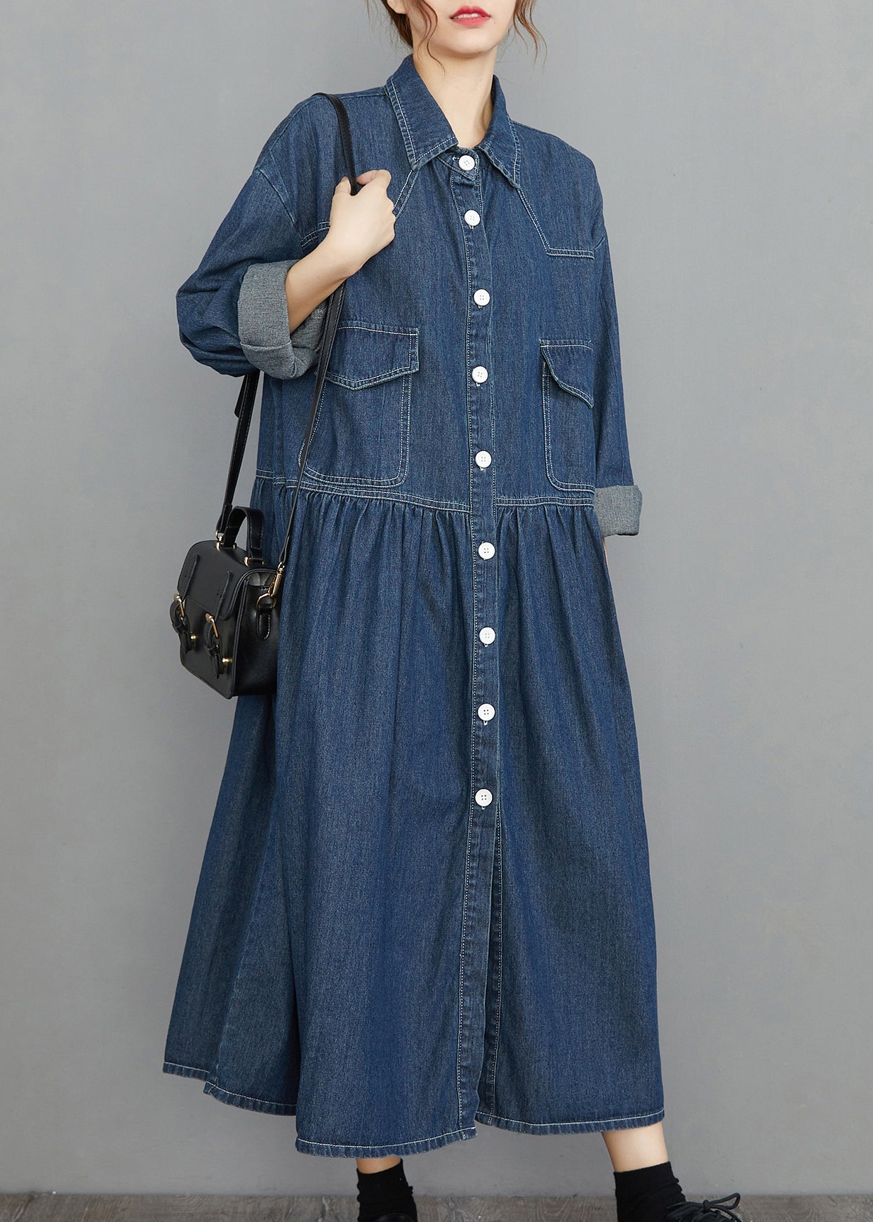 Navy Peter Pan Collar Button Pockets Wrinkled Denim Dress Spring