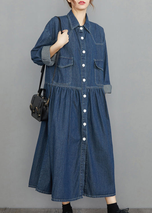 Navy Peter Pan Collar Button Pockets Wrinkled Denim Dress Spring