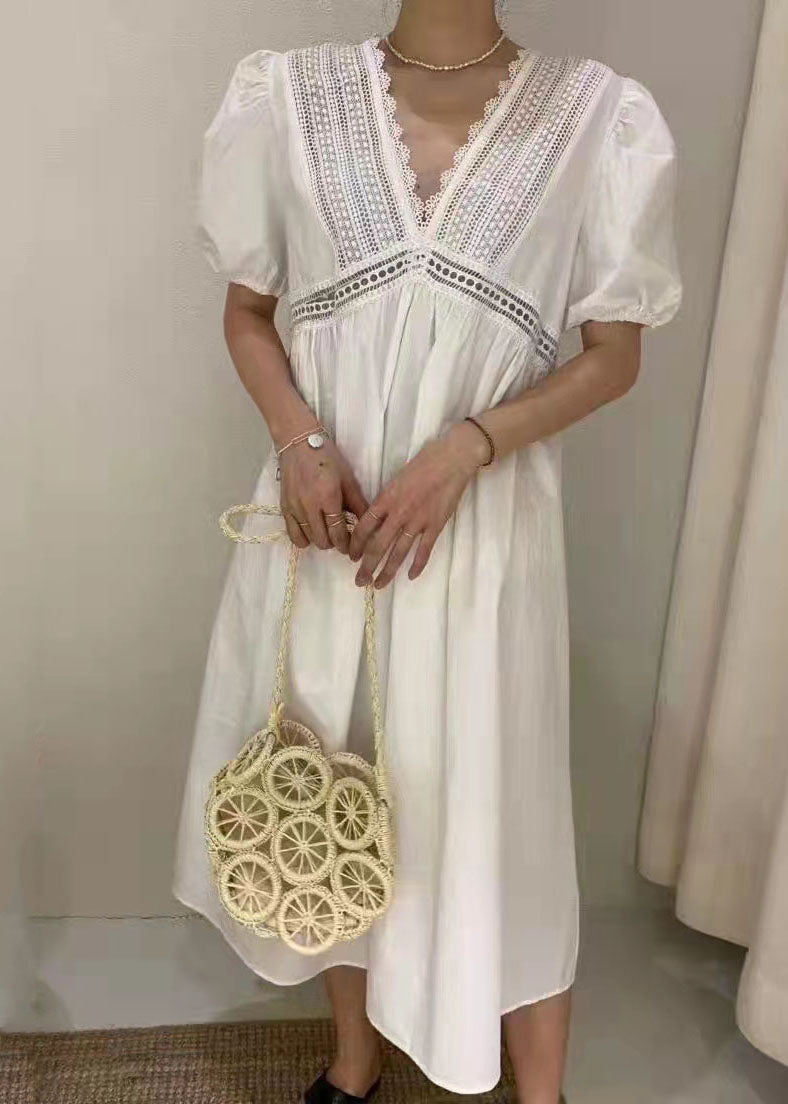 White Embroideried Hollow Out Patchwork Cotton Dress Puff Sleeve