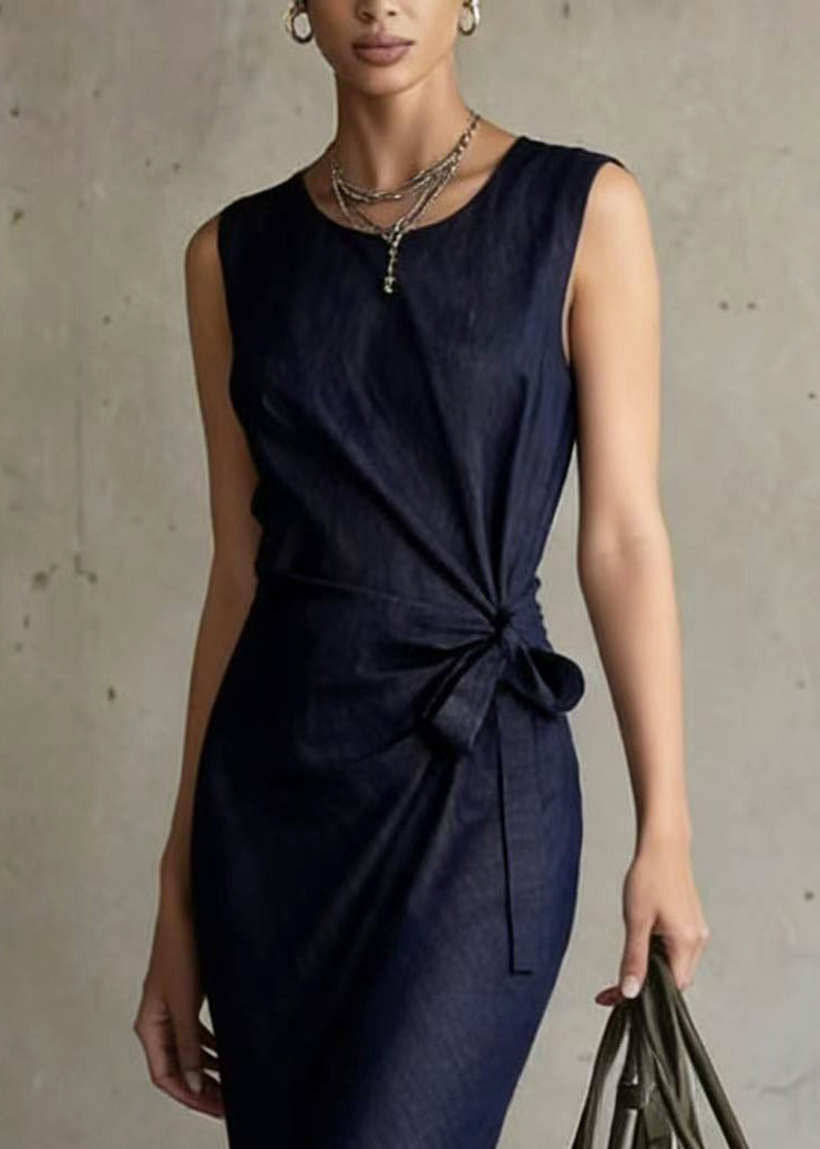 Navy Asymmetrical Design Denim Long Dresses Sleeveless