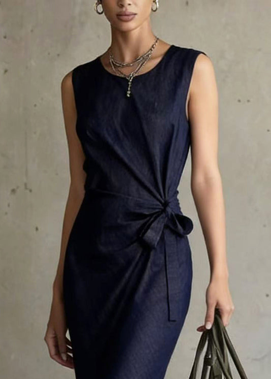 Navy Asymmetrical Design Denim Long Dresses Sleeveless