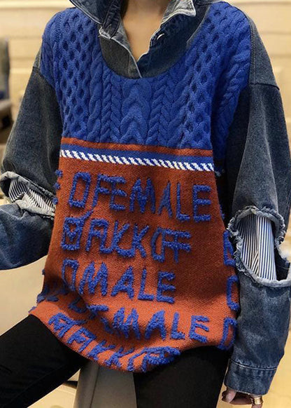 Blue Patchwork Denim Hole Loose Fall Knit Knitted Sweaters