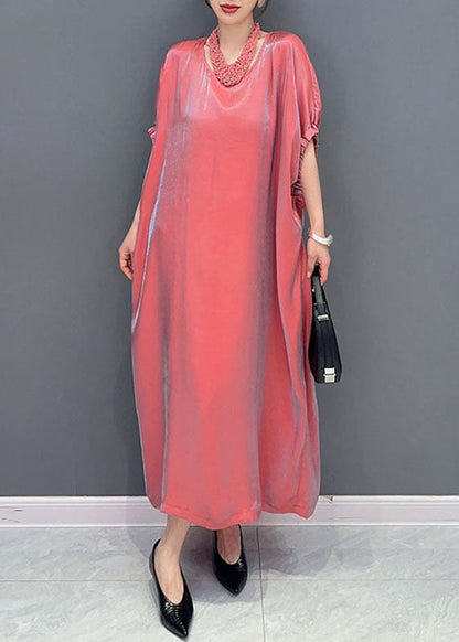Pink O-neck Silk Long Dress Short Sleeve Summer