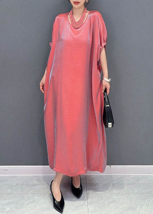 Pink O-neck Silk Long Dress Short Sleeve Summer