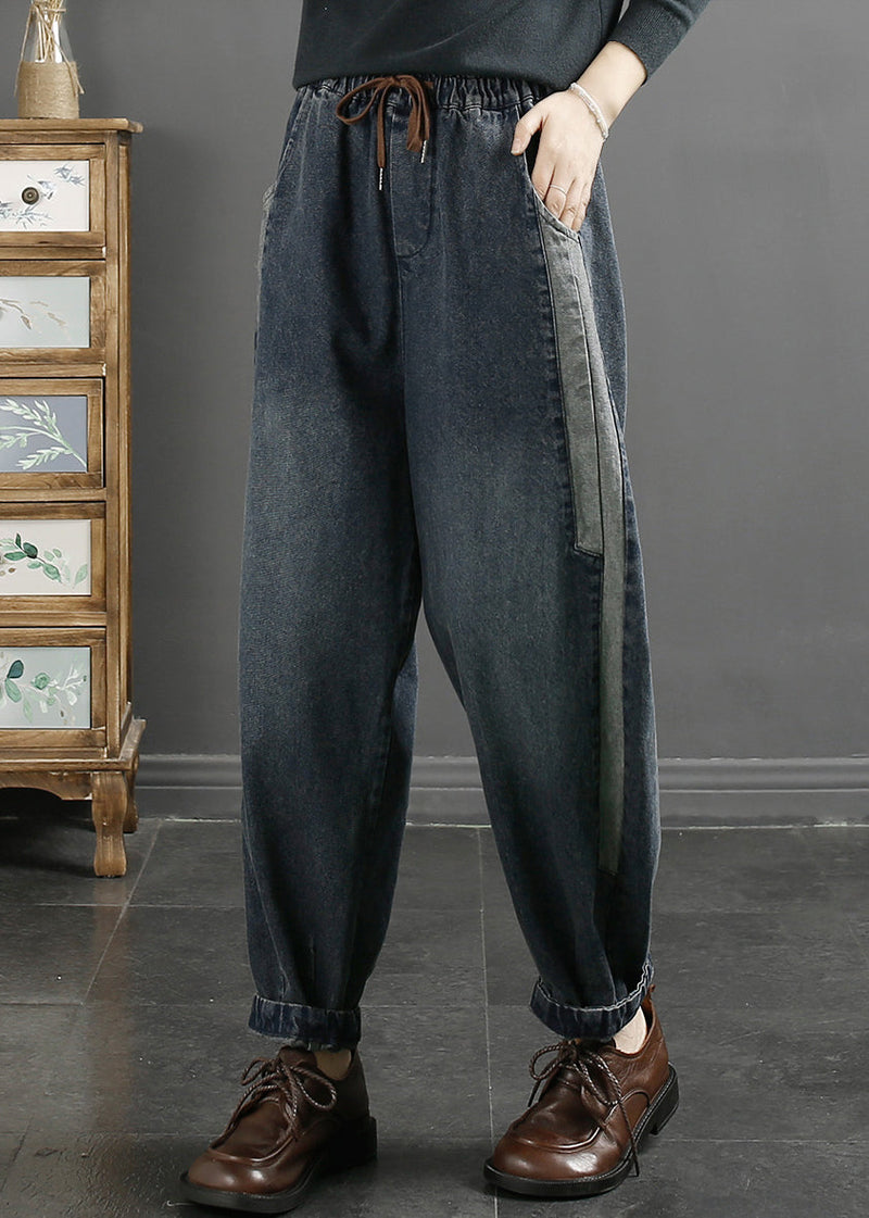 Blue Pockets Lace Up Elastic Waist Jeans Fall