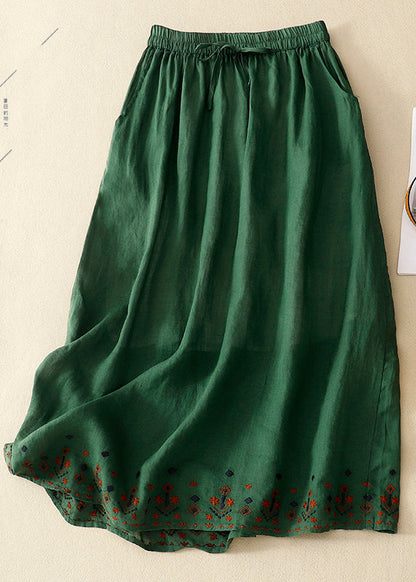 Green Embroidered Linen a Line Skirt Summer